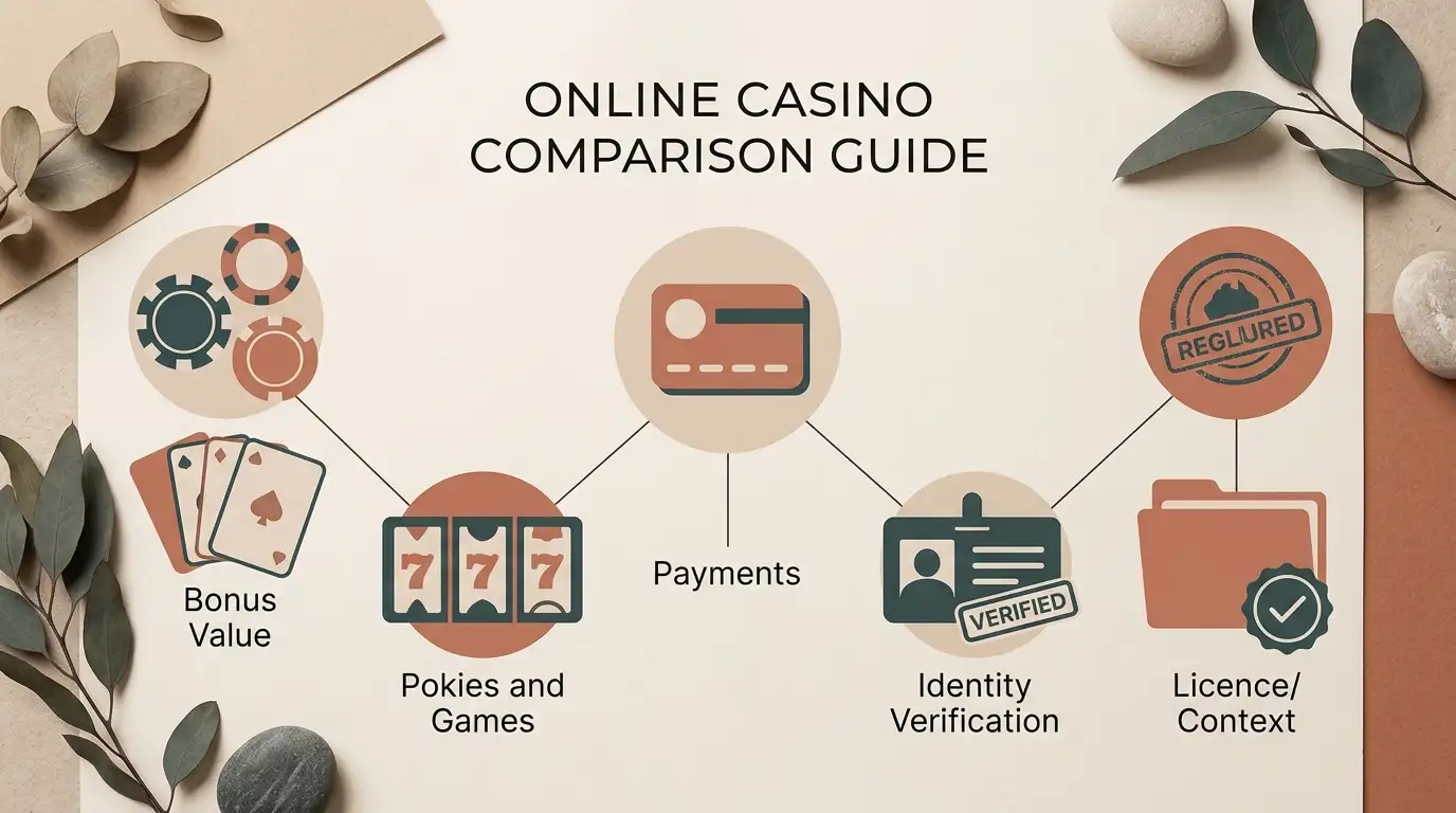 Editorial illustration of five Fastpay evaluation areas: bonuses, games, payments, verification and licence context