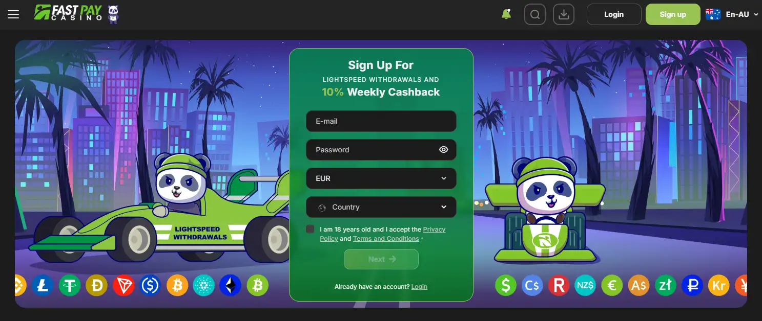 Fastpay Casino Australian homepage showing AUD promotions and pokies terminology