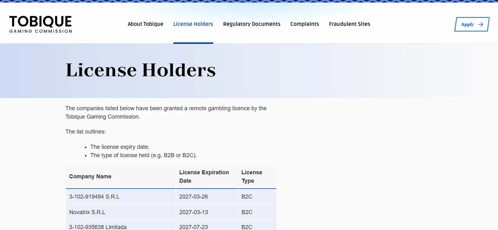 Tobique Gaming Commission licence-holder register entry for Novatrix S.R.L