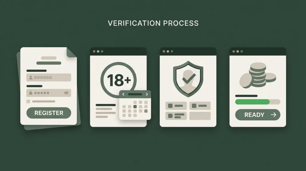 Conceptual account verification flow from registration and age confirmation to possible KYC and withdrawal readiness