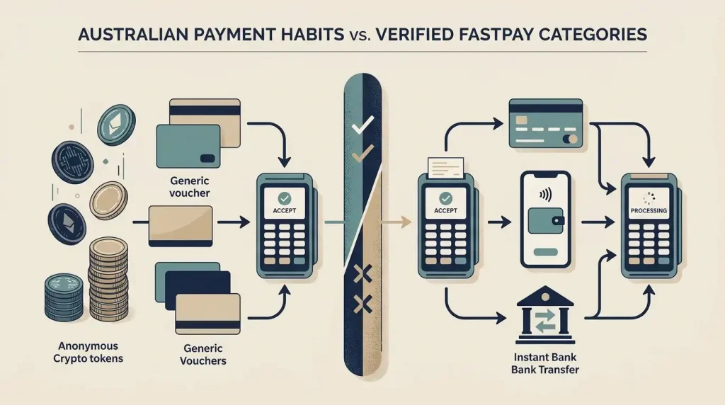 Conceptual payment pathway separating verified Fastpay methods from general Australian payment preferences