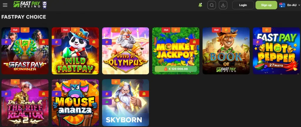 Fastpay Australian pokies lobby with game categories and provider filters