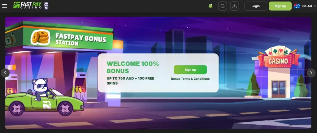 Fastpay Australian promotions panel showing the AUD welcome offer and recurring bonuses
